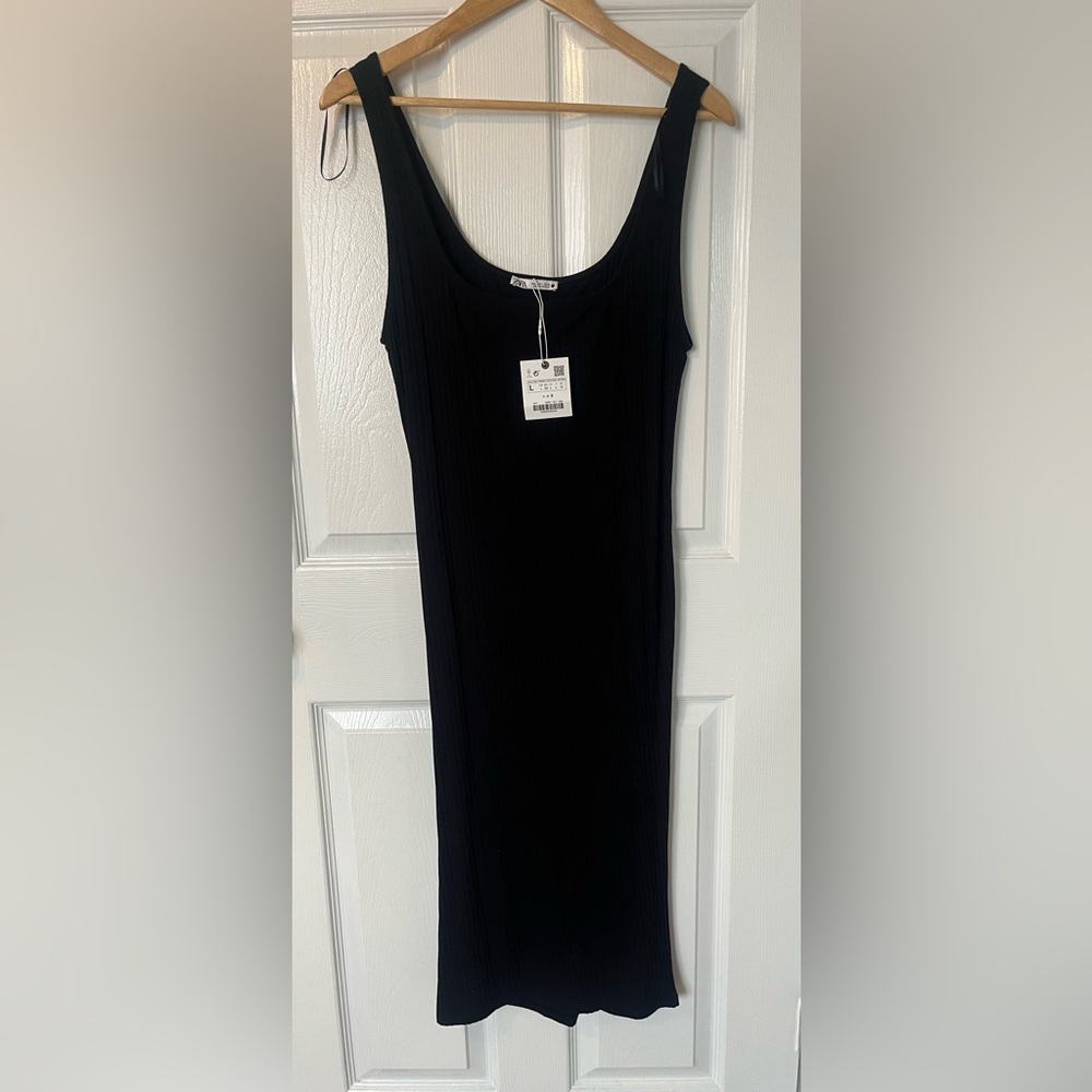 Zara Ribbed Bodycon Midi Dress Black Sleeveless Stretch Size L NWT